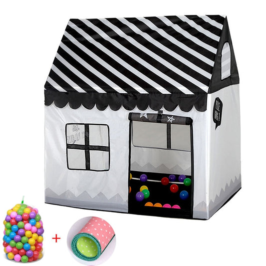 Kids play tent with black-and-white striped roof, front window, includes ocean balls and mat