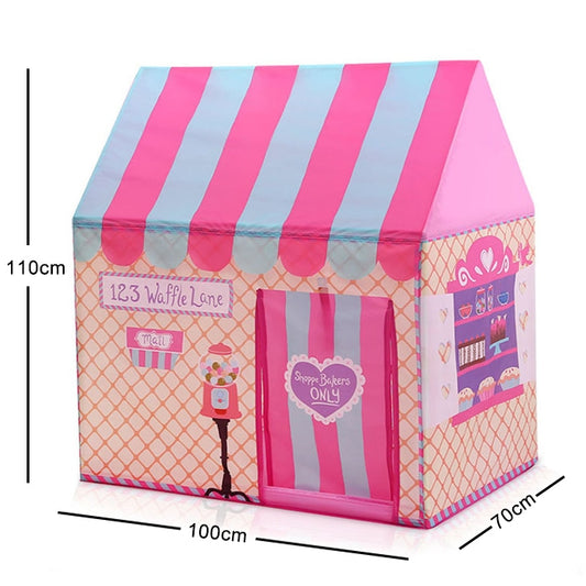 Pink and blue striped kids play tent with mesh front door and fabric walls