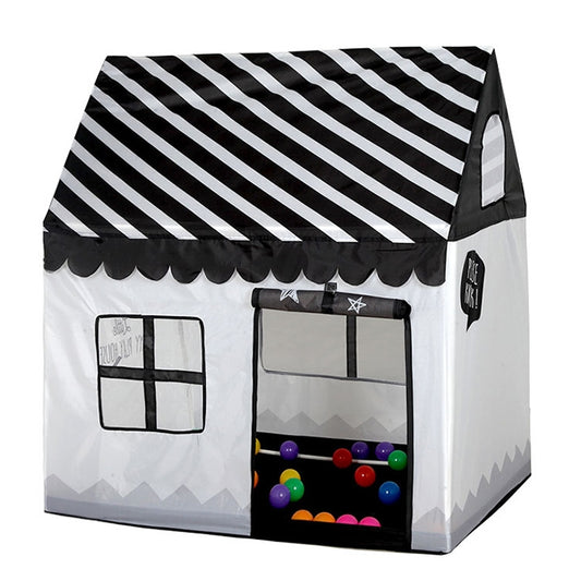 Black and white striped kids play tent house with front window opening