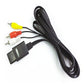 AV cable with black console connector and cord, ending in yellow, red, white plugs