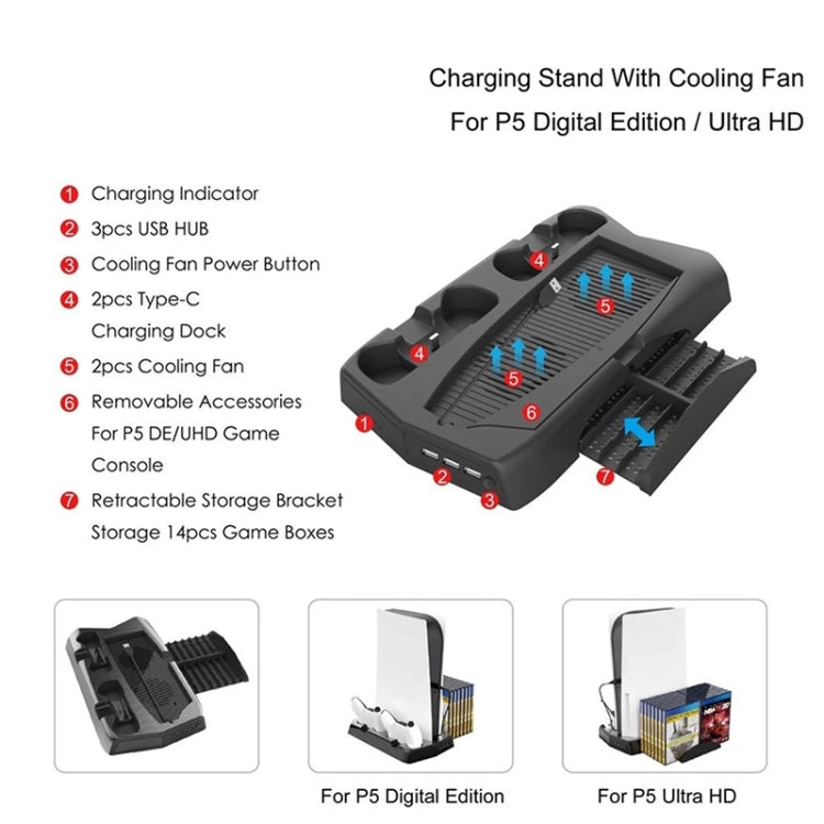 Charging cooling fan base with retractable game storage bracket and USB hub