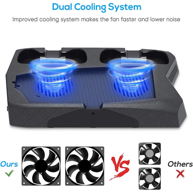 Black charging cooling fan base with twin blue-lit fan airflow vents