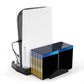 Charging cooling fan base with bracket stand and stacked game case storage slots