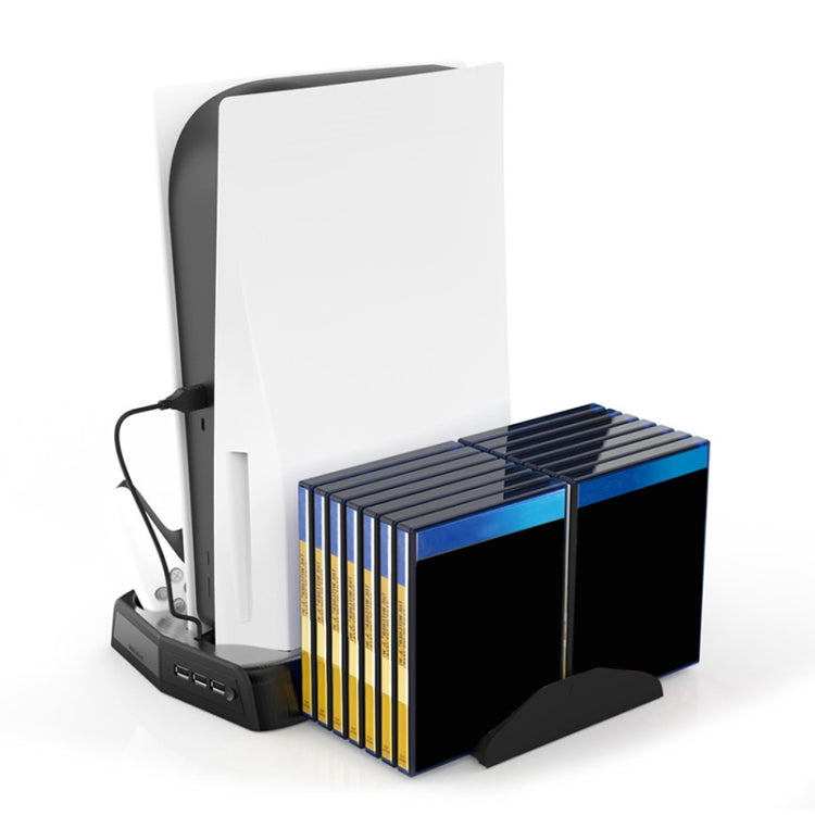 Charging cooling fan base with bracket stand and stacked game case storage slots