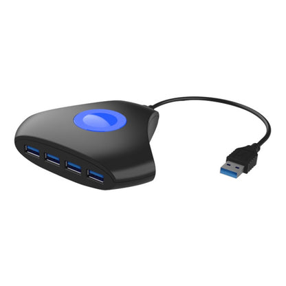 Black 4-port USB hub converter with blue LED and attached USB cable