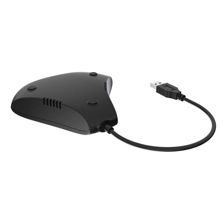 Black USB hub converter with cable connection and vented side details