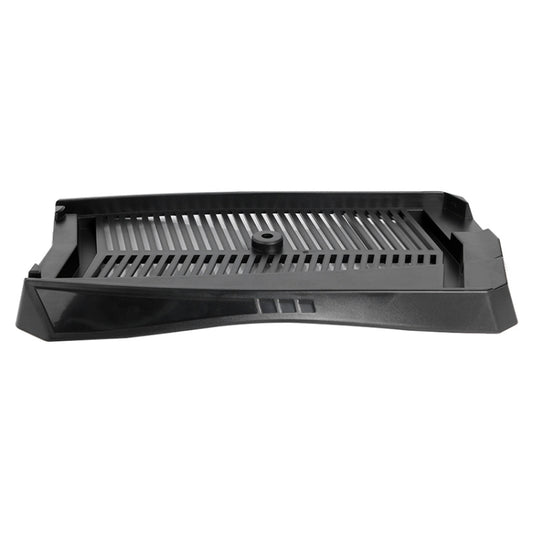 Black game console cooling bracket stand base with raised ribbed vent panel and center post