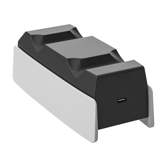 Dual-seat controller charging dock, angled view; black cradles on gray base