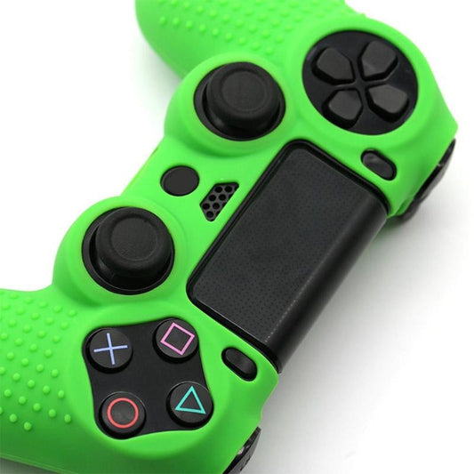 Non-slip silicone PS4 controller case, neon green with black thumb grips and button covers