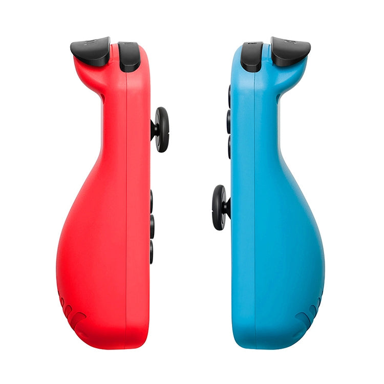 Blue and red split joypad controller halves viewed from the side
