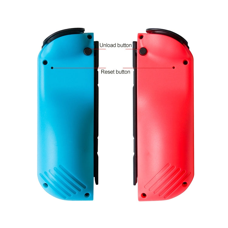 Back view of red and blue split joypad halves with reset and unload buttons