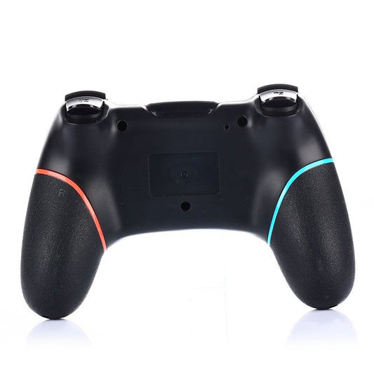 Black controller back view with dual shoulder triggers and blue/red grip accents