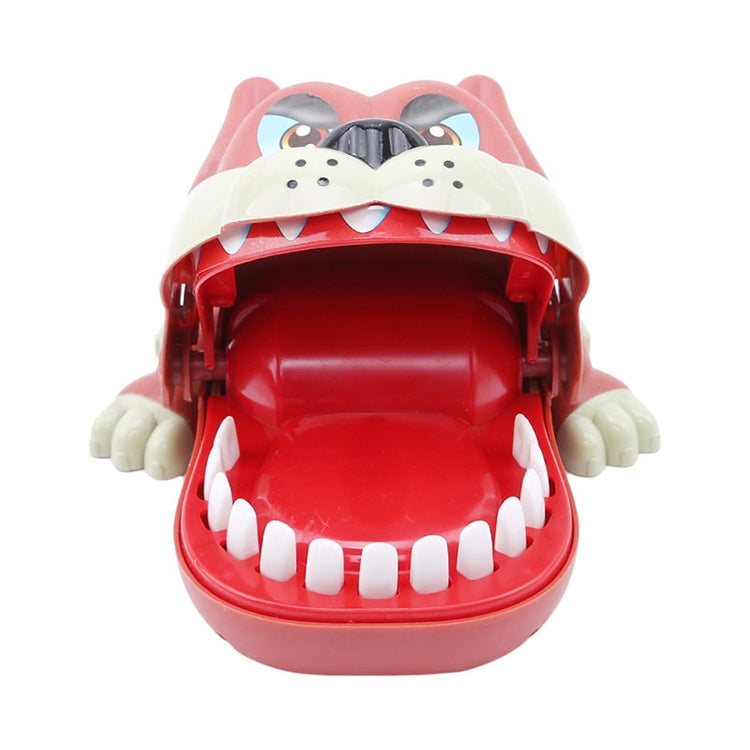 Front view of dog-shaped bite toy with open red mouth, white teeth, and pink ears.