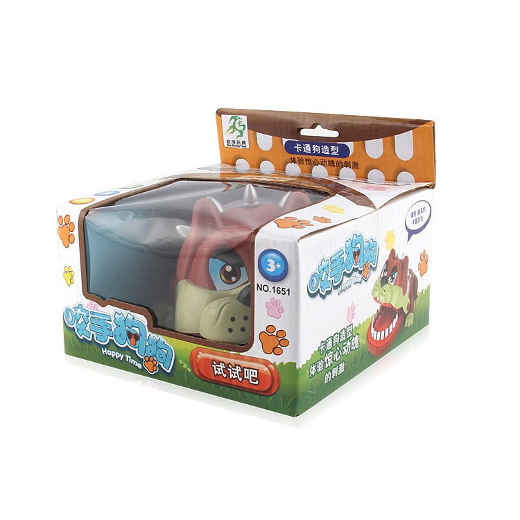 Boxed dog-shaped bite toy package with illustration of the red open-mouth dog toy.