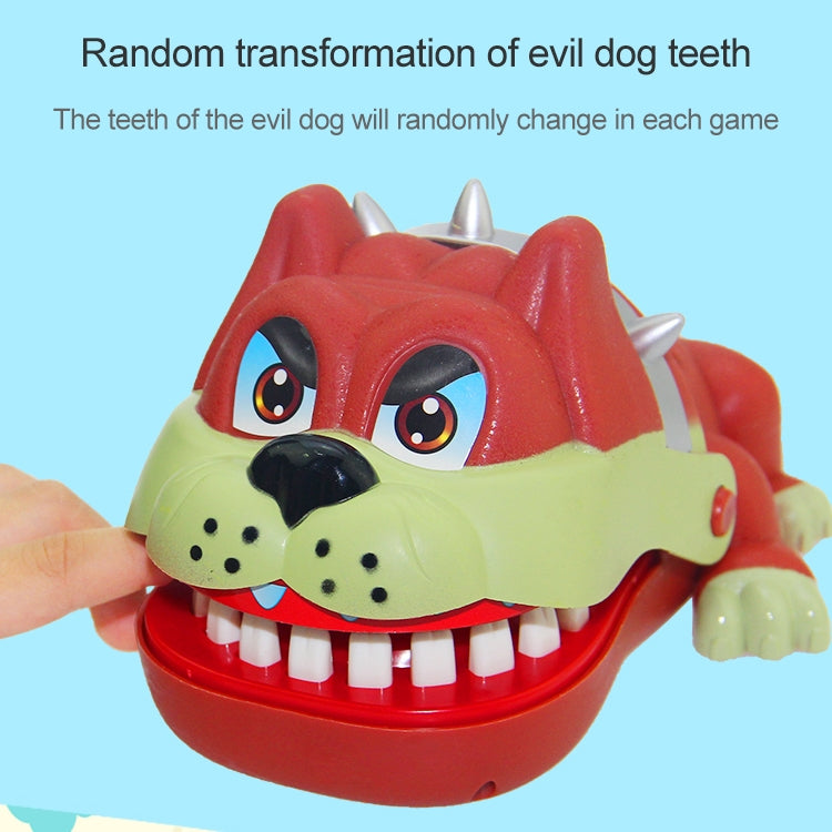 Dog-shaped bite toy with open mouth and white teeth, hand pressing the side.