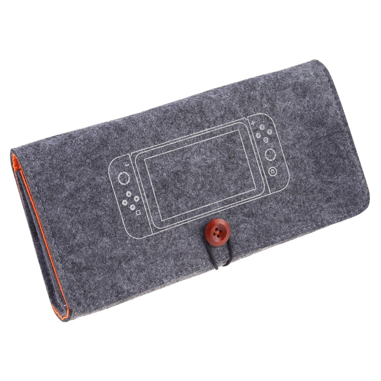 Dark gray felt protective bag with flap, orange trim, and buttoned closure