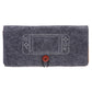 Dark gray felt storage pouch with flap and drawstring cord for handheld console