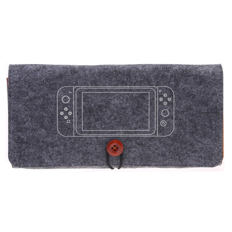 Dark gray felt storage pouch with flap and drawstring cord for handheld console