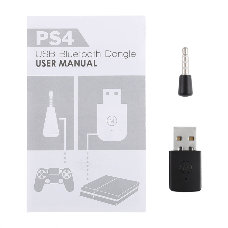 PS4 USB Bluetooth dongle user manual with 3.5mm audio adapter and USB dock