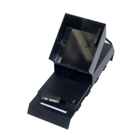 Black external SATA hard drive enclosure open tray with visible internal connector