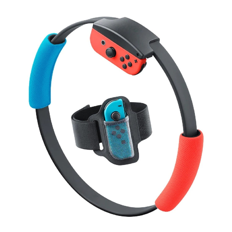 Leg fixing strap with teal controller holder and Ring-Con grip pads, blue and red