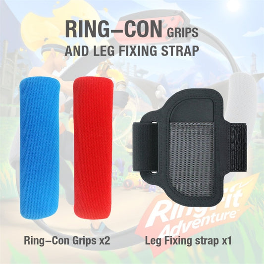 Ring-Con grips in blue and red plus black leg fixing strap with teal holder