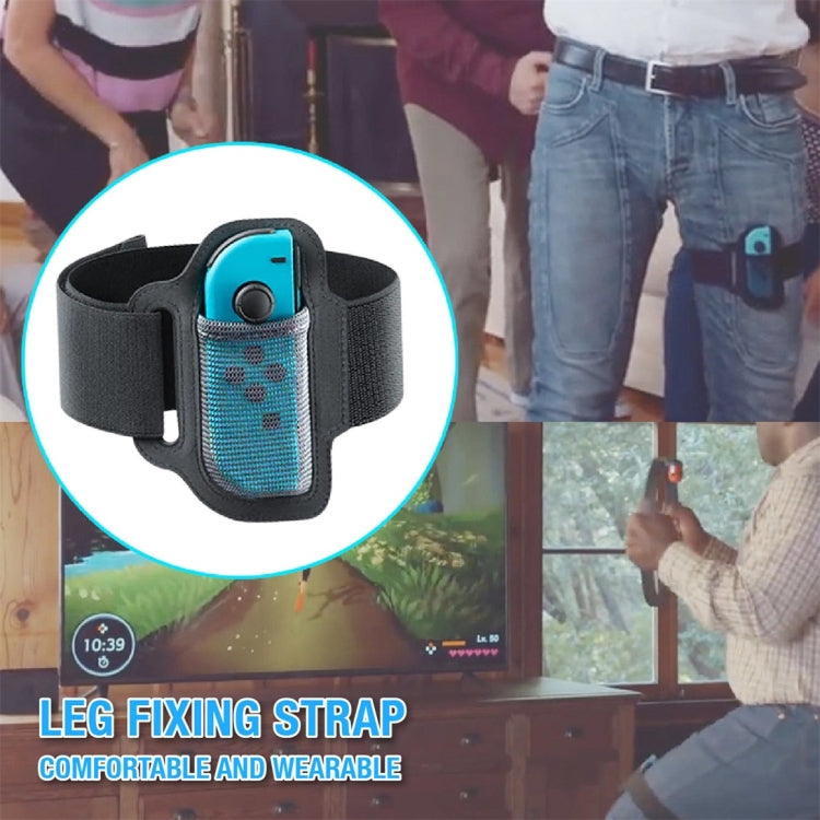 Black leg fixing strap with teal controller holder shown on a thigh