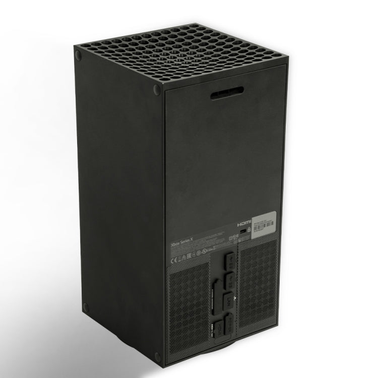 Black console dust screen cover with circular vent grille opening