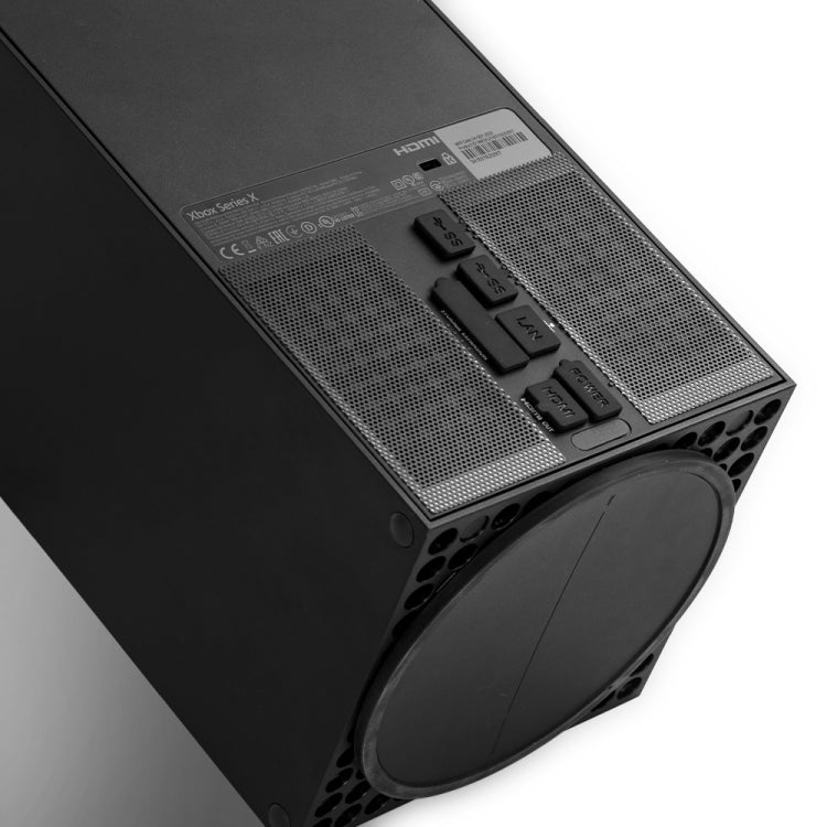 Console dust screen cover with vent mesh, round opening, and button layout
