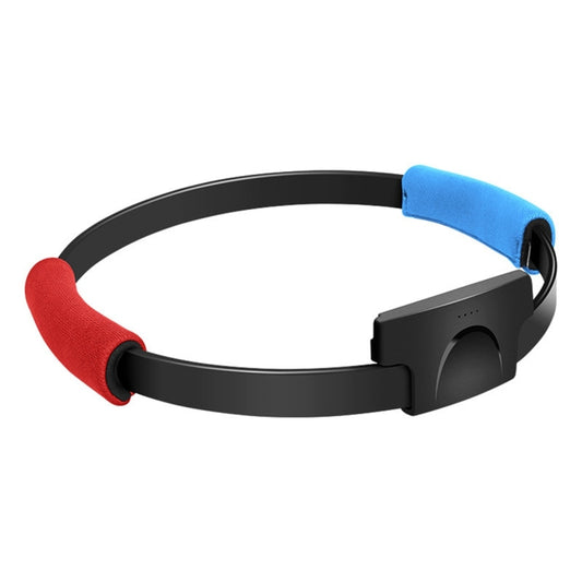 Black fitness ring with blue and red padded leg straps and clip controller module