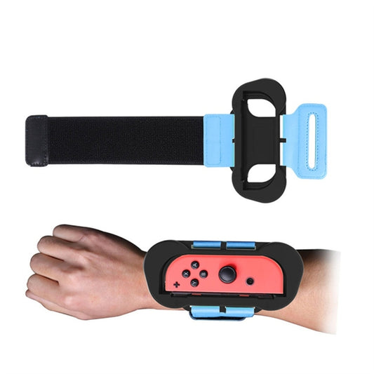 Set of two wrist straps with black fabric and blue cuffs, with controller holder