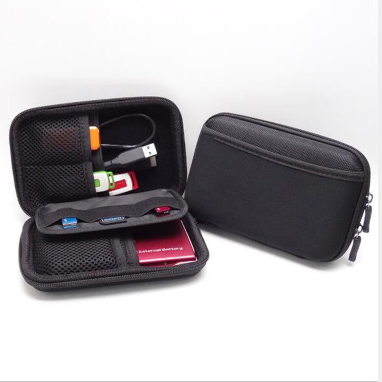 Portable electronics storage bag, black with mesh organizer and zipper compartments