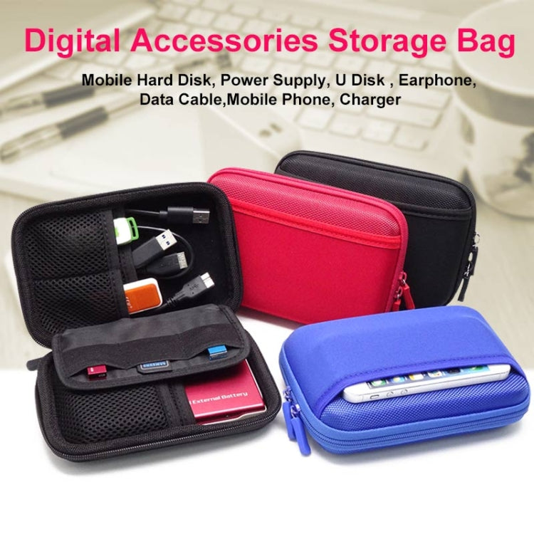Portable electronics storage bag with zipper, shown in black, red, and blue