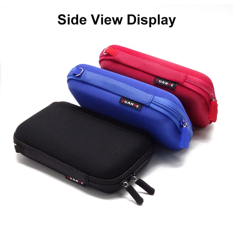 Portable electronics storage bag, side view of black and blue zipper cases