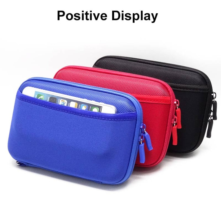 Portable electronics storage bag, front view with zipper and card/phone pocket inserts