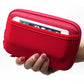 Portable electronics storage bag in red, open top with inner card holder