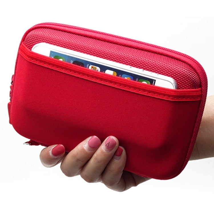 Portable electronics storage bag in red, open top with inner card holder