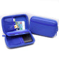 Portable electronics storage bag in blue, open organizer with phone and accessory slots