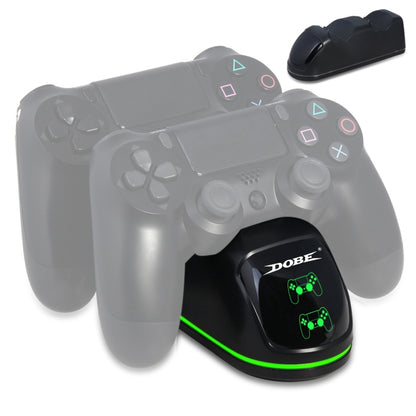 Black dual charging dock with green LED, holding two controllers (gray and black)