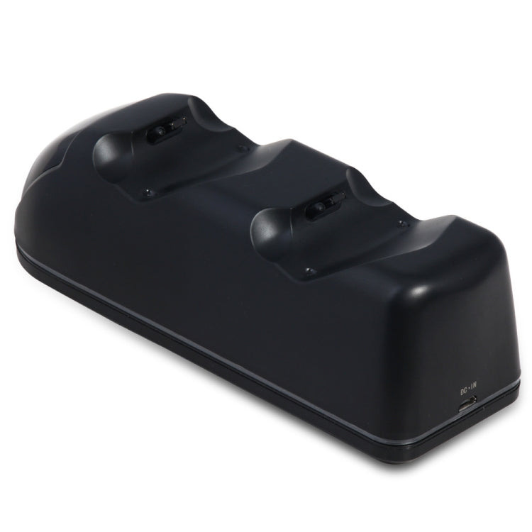 Black dual charging dock base with two charging cradles, side view