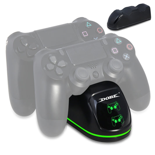 Black dual charging dock with green LED, holding two controllers (gray and black)