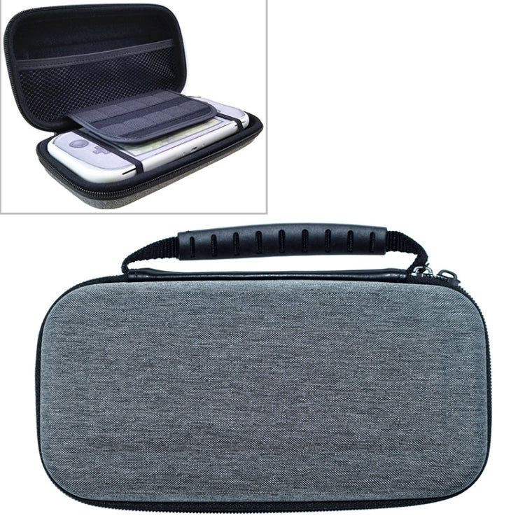 Portable Switch Lite storage case, light gray fabric exterior with top handle and zipper
