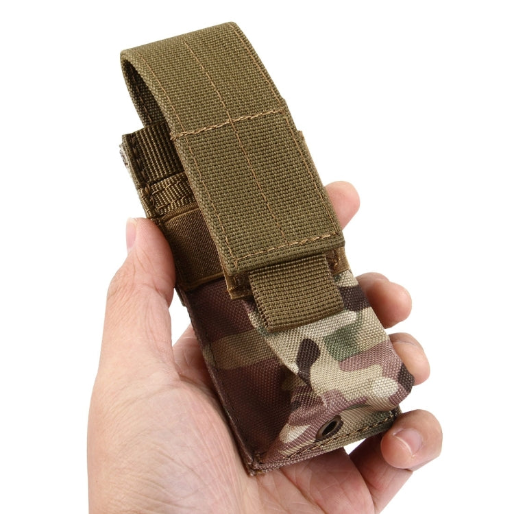 Mini flashlight protective pouch held in hand, showing flap and elastic side slots