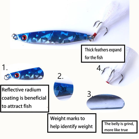 Blue metal fishing lure with red eye, silver hook, and white feather tail detail