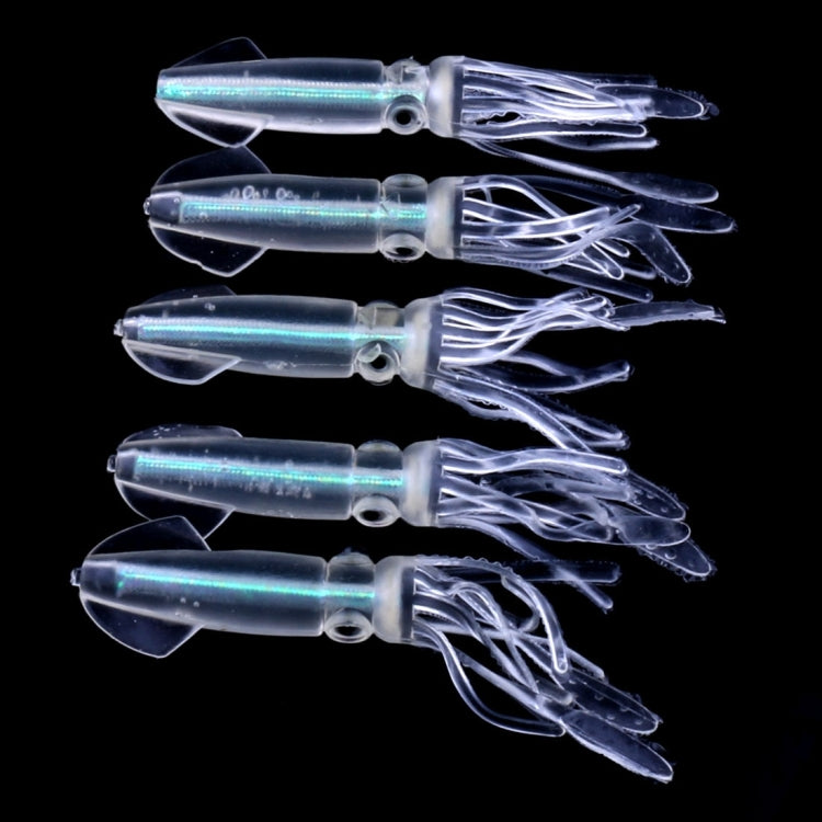 Translucent squid soft plastic fishing lures with blue glow, 5-piece set