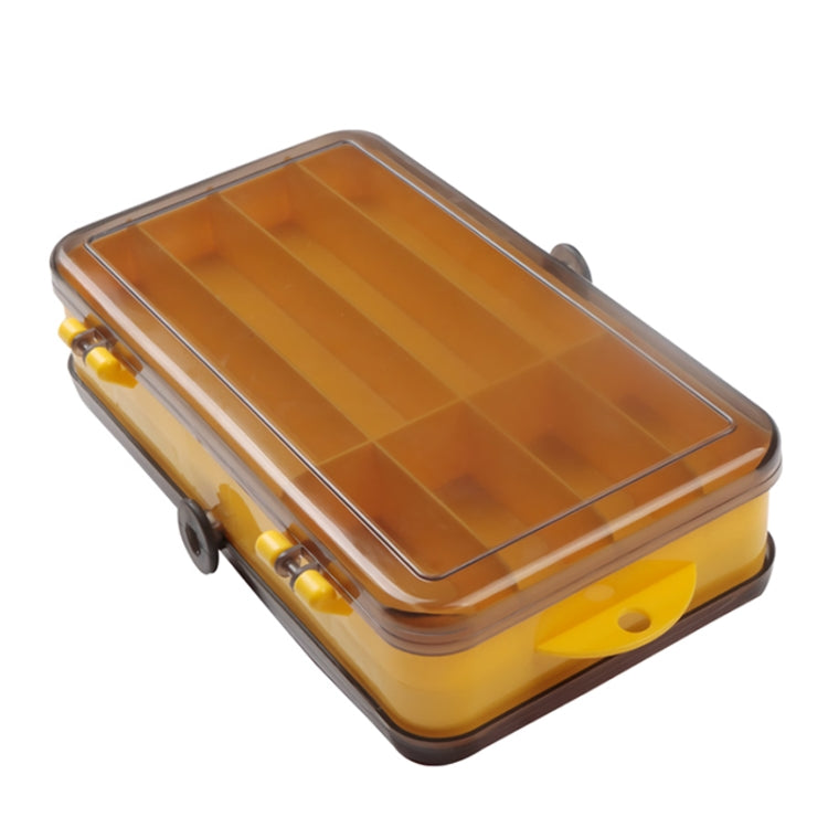 Yellow and clear double-sided lure storage box with transparent top, closed