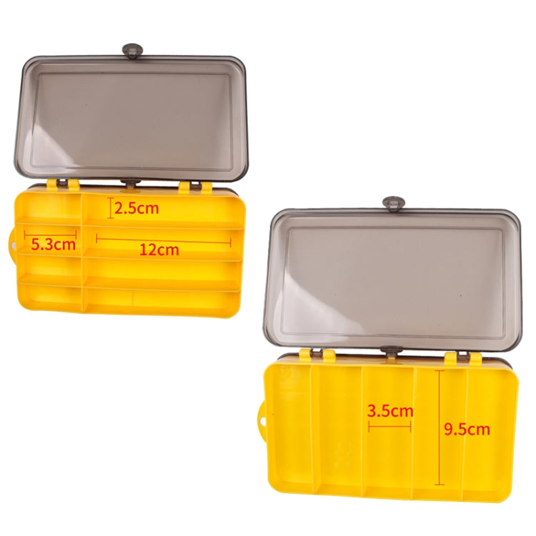 Clear-lidded double-sided lure box with yellow divider tray, open