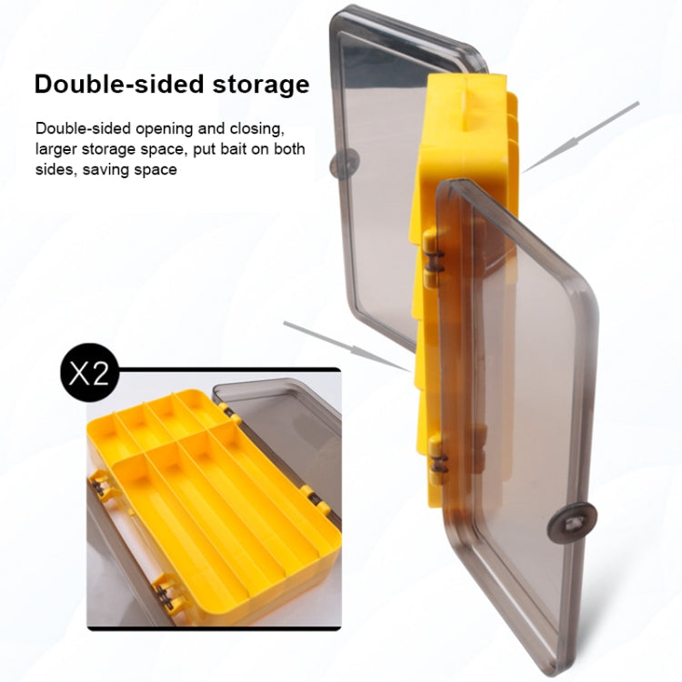 Transparent double-sided lure storage box with swing-open lid and latch, yellow inside