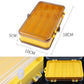 Yellow lure storage box with clear lid, front latches and size proportions
