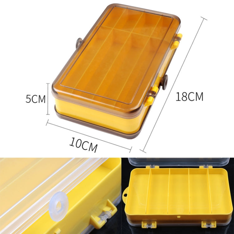 Yellow lure storage box with clear lid, front latches and size proportions